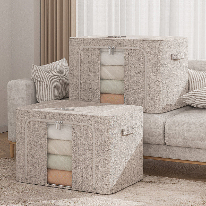 Linen 100L Foldable Storage Box with Metal Frame for Clothes & Bedding.